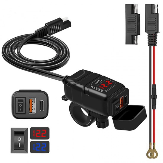 Motorcycle dual USB Type C PD & Quick Charge 3.0 Motorcycle USB Charger with Voltmeter & ON/Off Switch